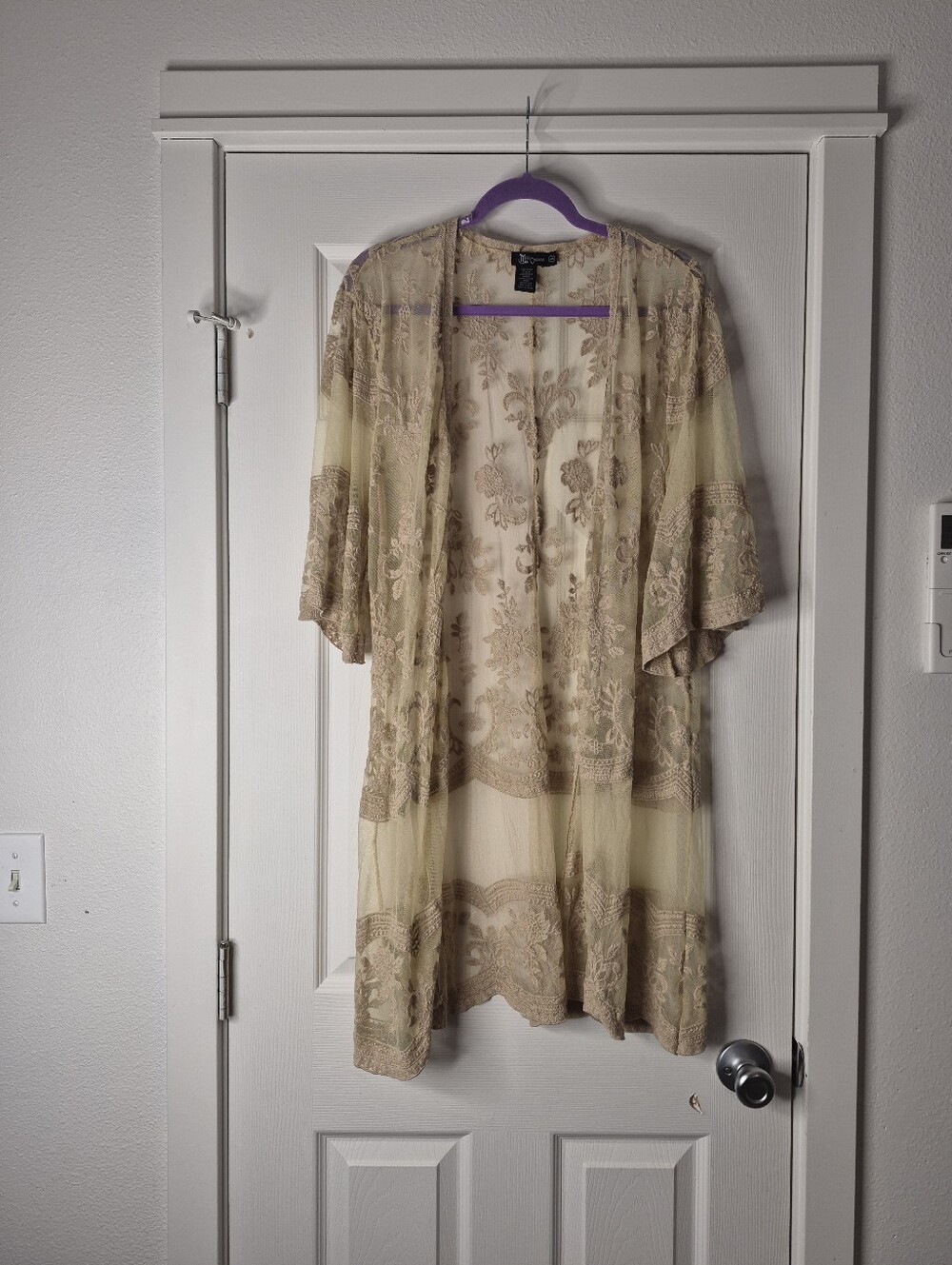 Miss Chivous Y2k Sheer Lace Kimono Jacket in Cream and Tan